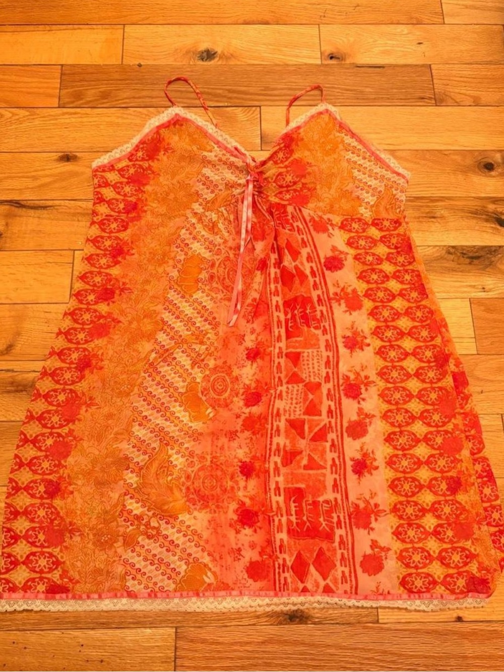 Silky Orange & Coral Printed Sundress/Top with Lace Trim